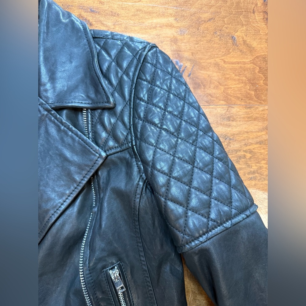 AllSaints Walker Quilted Leather Moto Jacket Black Buckle US 6 - Picture 4 of 13